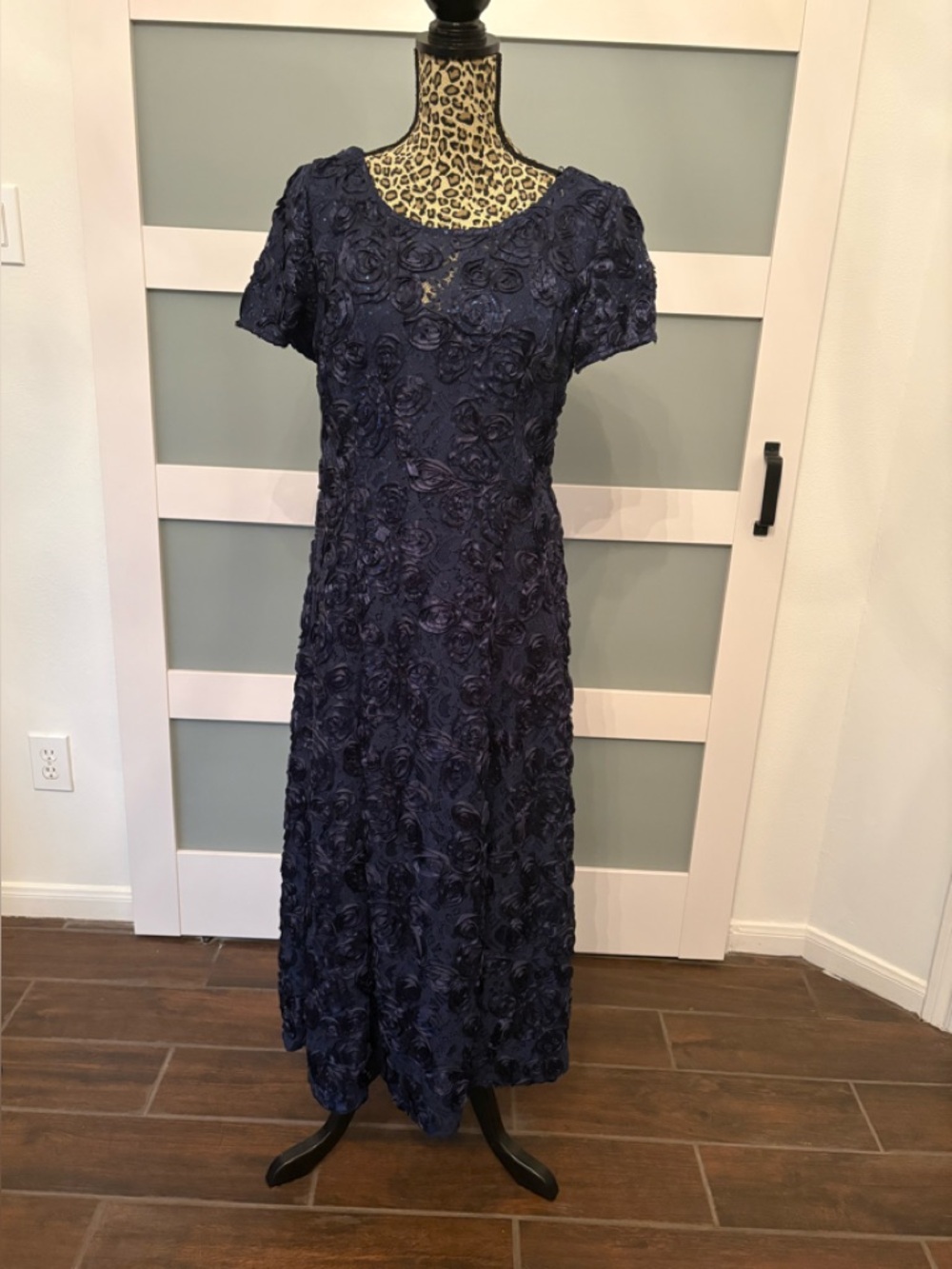 Alex Evenings Navy Short-Sleeve Rosette-Embellished Maxi Dress